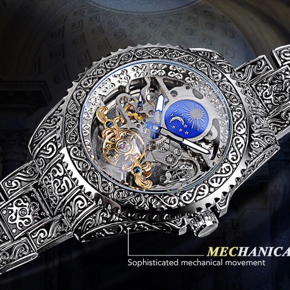 Forsining Skeleton Carved Tourbillon Mechanical Watches Moon Dial Mens Watch - Picture 8 of 11